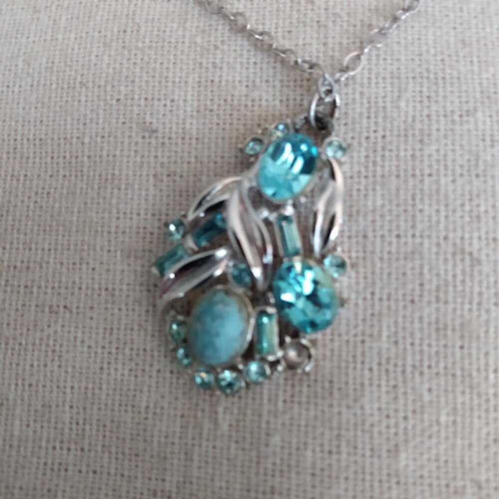 Silver tone and blue rhinestone pendant and chain necklace. - Picture 2 of 3